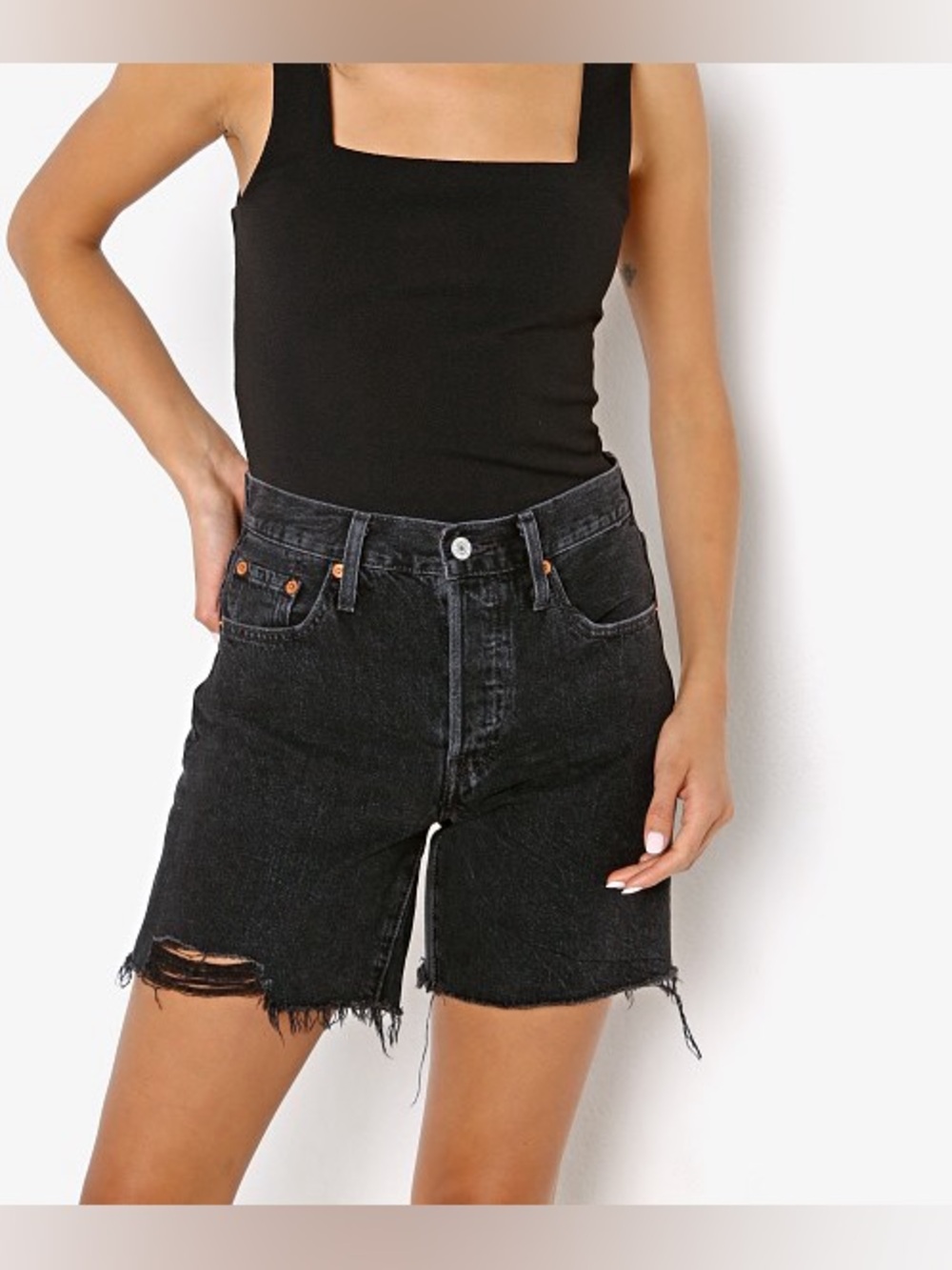 Levi’s Premium Shorts Womens 34 501 Mid Thigh Button Fly Lunar Distressed Black